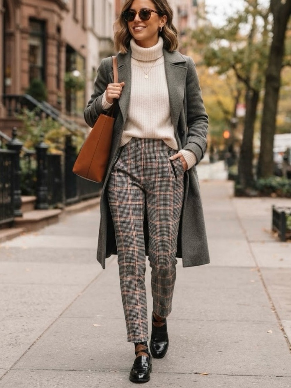 MEXX Plaid Pull-On Trousers Rust Terracotta Black White Slimming Preppy Tartan